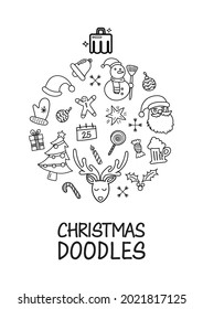 Christmas doodles elements laid out in shape of christmas ball poster. Hand drawn vector illustration