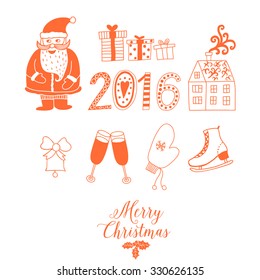 Christmas doodles elements: Santa, houses, cake, lettering sign 2016. Design set for winter holidays decoration. Vector doodle elements