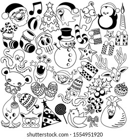 Christmas Doodles Funny and Cute Black and White Vector Characters isolated pack of 37