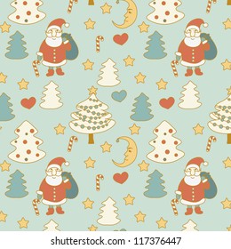 Christmas doodles hand drawn cartoon seamless pattern with Santa, Christmas tree, stars and half-moon on light blue background