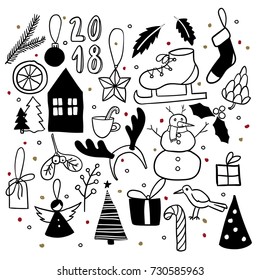 Christmas doodles. Hand drawn vector icons. Xmas and New Year scrapbook sticker. Snowman, house, ice skate, deer horns, bird, angel, leaf, candy, cone, mistletoe gift tag and Xmas tree decoration