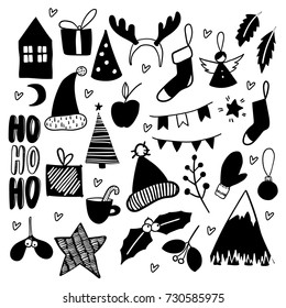 Christmas doodles. Hand drawn vector icons. Xmas and New Year scrapbook stickers. Chirstmas tree, garland, socks, mitens, house, mountain, branches, present deer horns Simple scandinavian style