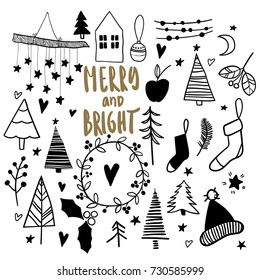 Christmas doodles. Hand drawn vector icons. Xmas and New Year scrapbook stickers. Christmas tree, garland, socks, mitens, house. Simple scandinavian style. Merry and bright.