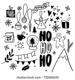 Christmas doodles  Hand drawn vector icons  Xmas   New Year scrapbook stickers  Present  snow globe  mountain  gingerbread cookie  Simple scandinavian style  Ho ho ho 