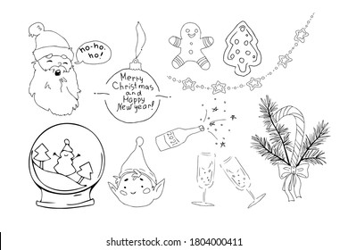 Christmas doodles. Hand drawn xmas illustrations. Winter and New Year black outline icons. Modern design elements for holiday greeting card, gift tag, label, sticker, banner, postcard
