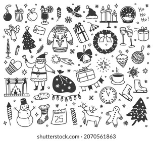 Christmas doodles, hand drawn xmas sketch drawings. Cute new year winter decorations, presents, santa, snowman doodle elements vector set. Fir tree holiday decor as garlands, drinks and food