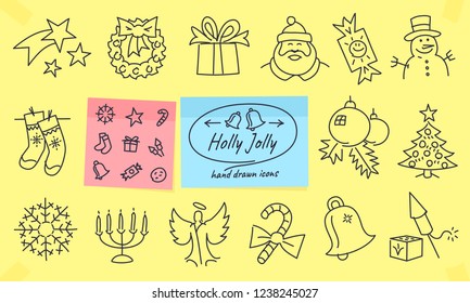 Christmas doodles on coloured memos. Full vector drawings with editable strokes.