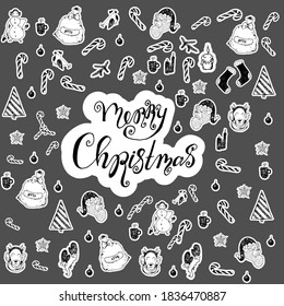 Christmas doodles, seamless black vector pattern on a grey background. isolated.Santa Claus, candy canes, a Cup of tea. fir branches, Christmas balls, snowman, mittens, candles, snowflakes, deer, gif