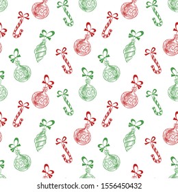 Christmas doodles seamless pattern. Cute hand drawn ornaments in green and red over white background