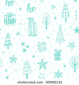Christmas doodles seamless pattern in mint and white colors. Congratulation card design, banner, poster. Vector illustration. Scandinavian style