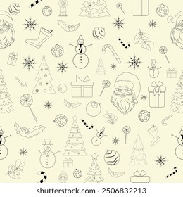 Christmas doodles seamless pattern, with santa claus, xmas tree, snowman, reindeer, cane, gift, sock, branches, berries, good for banners, wallpapers, wrapping, textiles. Vector illustration