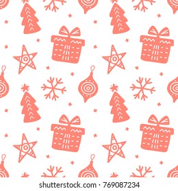 Christmas doodles seamless pattern.  Scandinavian style. Congratulation card, wrapping paper background, festive banner, poster design. Vector illustration.