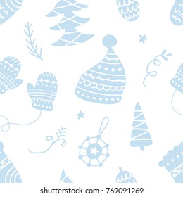 Christmas doodles seamless pattern.  Scandinavian style. Congratulation card, wrapping paper background, festive banner, poster design. Vector illustration.