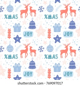 Christmas doodles seamless pattern.  Scandinavian style. Congratulation card, wrapping paper background, festive banner, poster design. Vector illustration.