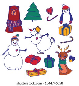 Christmas doodles set with with deer with scarf, Christmas tree, candy, bear, cakes, toys, gifts and socks. Template for Greeting Scrapbooking, Congratulations, Invitations.