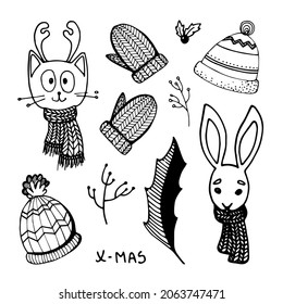 Los doodles de Navidad se establecen con elementos para el diseño de las vacaciones 