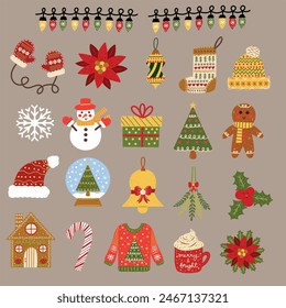 Christmas doodles set featuring Christmas lights, Christmas tree, gingerbread house, gingerbread man, snowflake, snowman, ugly sweater and more. Hand drawn vector illustrations.