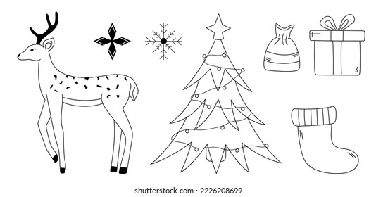 Christmas doodles set. Hand drawn outline Christmas tree, deer, snowflakes, gift box, candie. New Year vector illustration for winter decoration