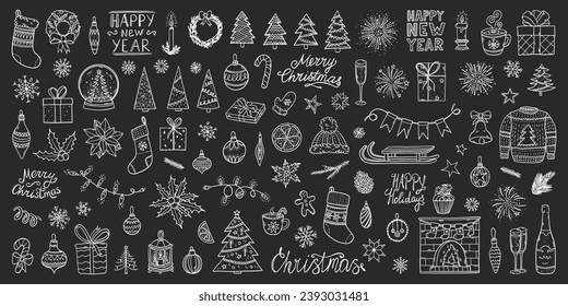 Christmas doodles set. New Year doodle. Christmas symbols simple sketch. Winter holiday doodles with christmas trees, snowflakes, presents. New Year padge badges.