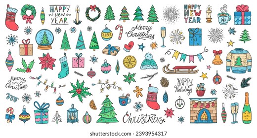 Los doodles de Navidad se ponen. Doodle de Año Nuevo. Símbolos navideños simple boceto. Doodles de invierno con árboles de navidad, copos de nieve, regalos. Insignias de canto de Año Nuevo.