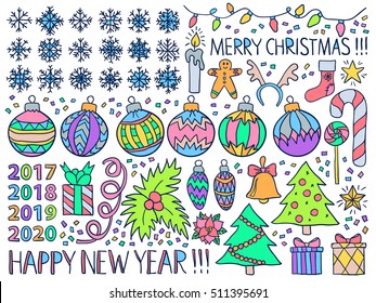 Christmas doodles set. New Year doodles sketch vector. Snowflakes sketches. Winter holiday doodles with christmas tree and balls, bell, presents. New Year patch badges.
