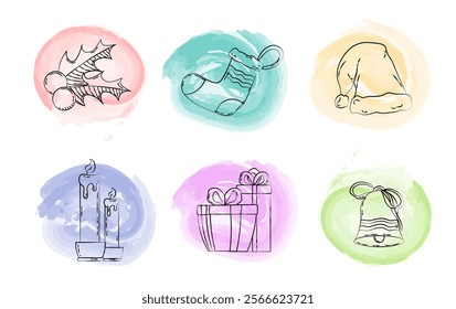 Christmas doodles set. Sketch of berries, sock, santa claus hats, candles and gift boxes. Xmas and New Year, Noel Eve. Linear vector collection isolated on white background