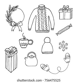 Christmas doodles set with winter clothes, pine wreath, cup and gifts. New year hand drawn cute elements on white background. 