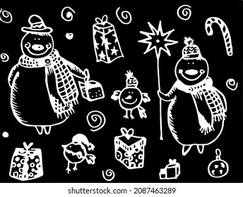 Christmas doodles with snowmen, gifts and birds in hats