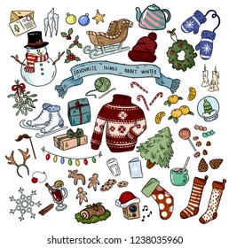 Christmas doodles sticker objects. Winter favourites. Vector illustration.