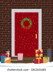 Christmas Door With Brick Wall And Many Gift Boxes On Snow-covered Steps. Vector Illustration In Flat Style