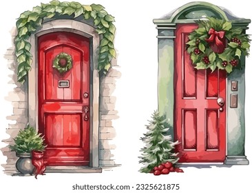 Christmas door clipart, isolated vector illustration.