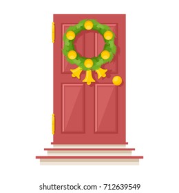 Christmas door with conifer wreath, New Year's decorated porch, New Year's design element vector isolated on white background