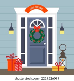 Christmas door. Decorated door for Christmas. Christmas wreath. Vector illustration in flat cartoon style.