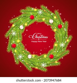 Christmas door decoration elements with a luxurious green wreath with the red and white color ball. 3D wreath design with snowflake and ribbon. Realistic 3D wreath design with calligraphy.