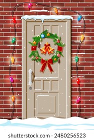 Christmas door decoration. Entrance to suburban house decorated with wreath, bells, garland lights. Holiday greetings. Snowflakes, snowdrifts. New year and xmas celebration. Flat vector illustration