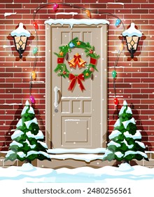 Christmas door decoration. Entrance to suburban house decorated with wreath, bells, garland lights. Holiday greetings. Snowflakes, snowdrifts. New year and xmas celebration. Flat vector illustration