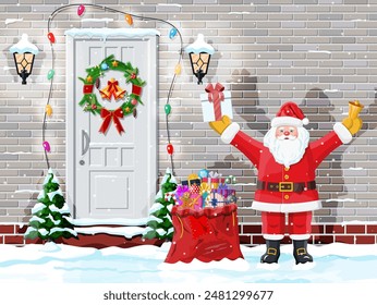 Christmas door decoration. Gift in hand of santa claus. Entrance to suburban house decorated with wreath, garland lights. Holiday greetings. New year and xmas celebration. Flat vector illustration