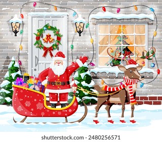 Christmas door decoration. Santa claus in sleight with deer. Entrance to suburban house decorated with wreath garland lights. Holiday greetings. New year and xmas celebration. Flat vector illustration