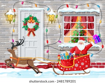 Christmas door decoration. Santa claus in sleight with deer. Entrance to suburban house decorated with wreath garland lights. Holiday greetings. New year and xmas celebration. Flat vector illustration