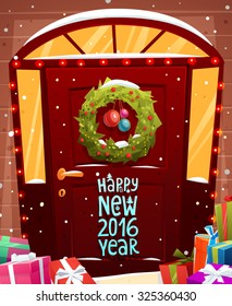 Christmas Door Decoration. Xmas Wreath With Balls And Lights. Holiday Greetings. Snowflakes And Snowdrifts. Holiday Vector Illustration For Christmas Banners, Placards And Posters.