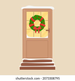 Christmas door with decorations. Winter front door