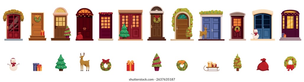  Christmas door facade icons set. Set of colorful christmas decorated front doors with festive elements like wreaths, trees, reindeer, santa bag, snowman and gifts