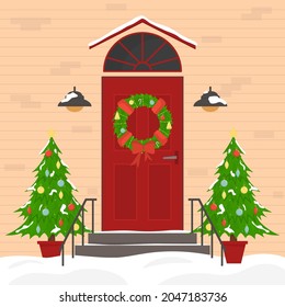 Christmas door of the house. New Year's wreath and Christmas trees in flat style. Vector illustration