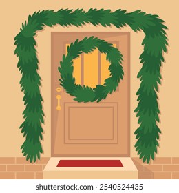 Porta de Natal da casa com coroa de flores e árvore de Natal guirlanda plana ilustração