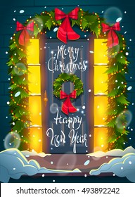 Christmas door. Lettering. Happy new year
