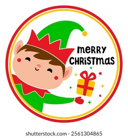 Christmas door sign. Elf with gift. Cute cartoon character. Santa's helper vector illustration. Holiday symbols. For postcard, window,wall decoration, door hanger.