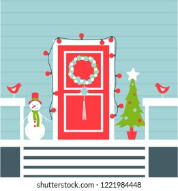 Christmas Door with Christmas tree and snowman. Vector illustration