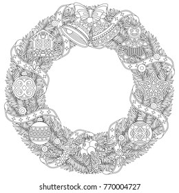 Christmas door wreath. Coloring page with holiday ornaments and decorations. Freehand sketch drawing for 2018 Happy New Year greeting card or adult antistress coloring book.