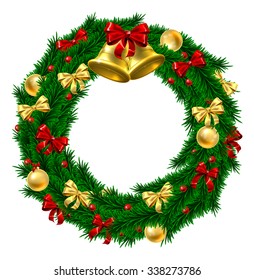 A Christmas door wreath decoration with gold and red bows and ribbons, holly berries, gold bauble decorations and gold bells