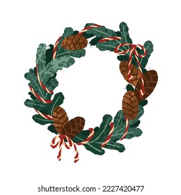 Christmas door wreath design with fir cones, twine ribbon and tied bows. Xmas circle decoration, festive winter decor ornament from tree branches. Flat vector illustration isolated on white background